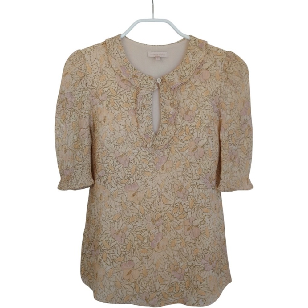 Rebecca Taylor Silk Blend Floral Metallic Keyhole Blouse Peach Gold Size 2
